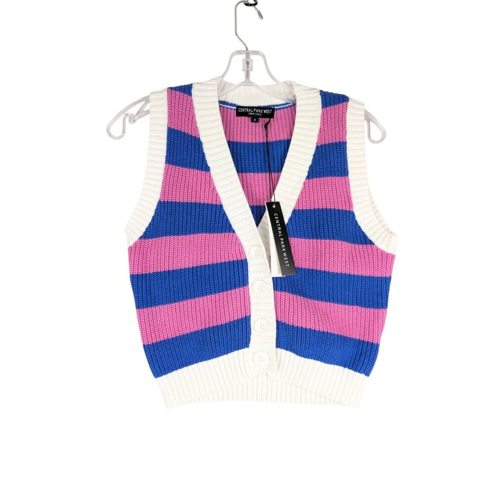 Central Park West Womens Small Yasmin Striped Knit Button-Up Sweater‎ Vest NWT